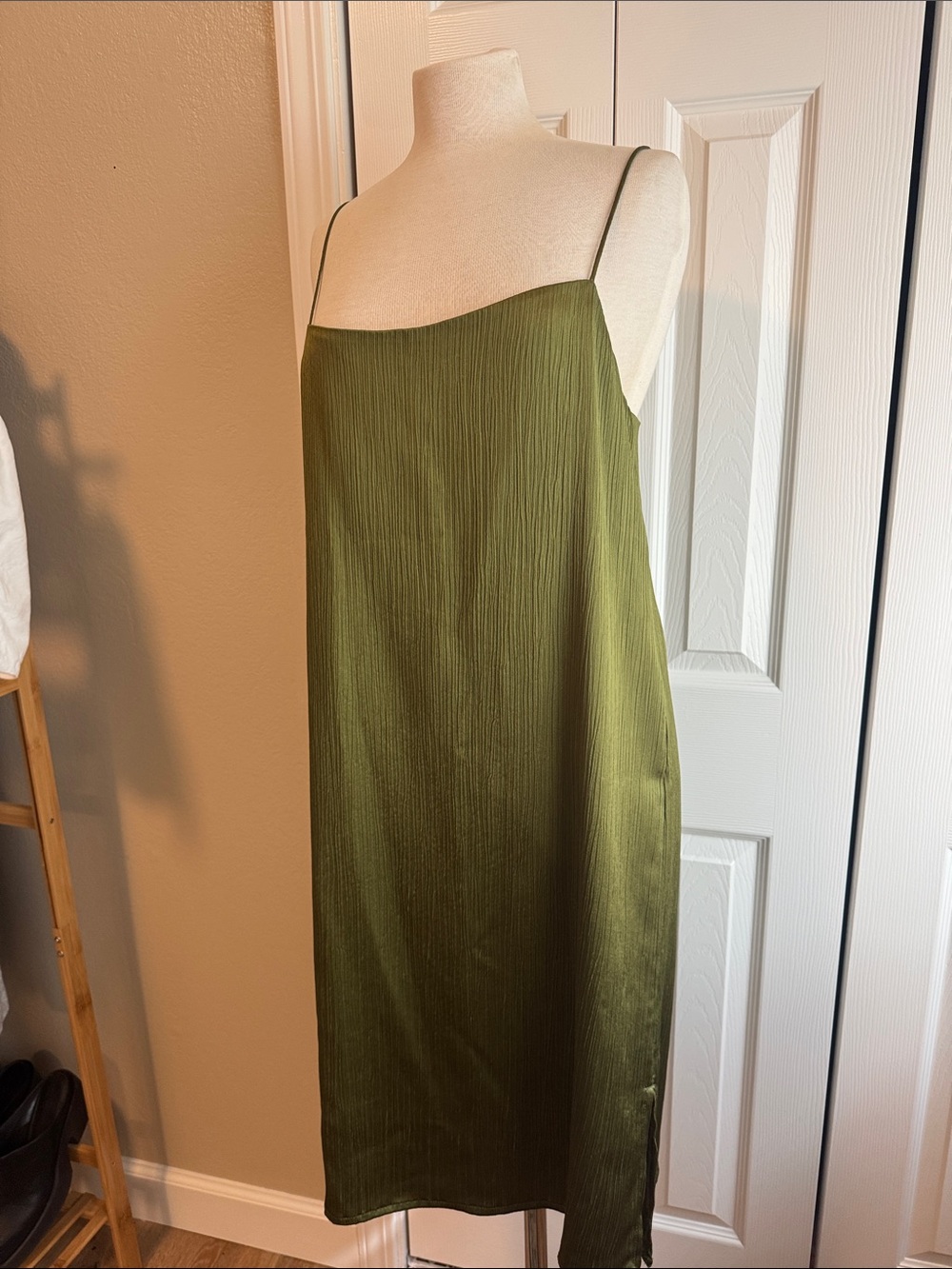 Reformation Silk Olive Green Slip Midi Dress with Spaghetti Straps - Picture 2 of 3